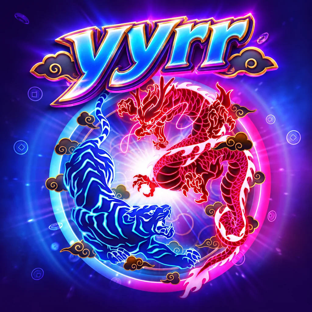 Ilustrasi naga merah dan harimau biru berputar di bawah logo yyrr dalam permainan Dragon Tiger Luck