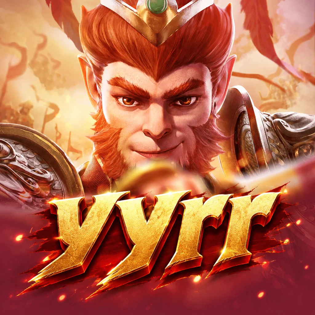 Karakter kera sakti berzirah emas dari game Lgd Monkey Kg dengan latar berlogo yyrr