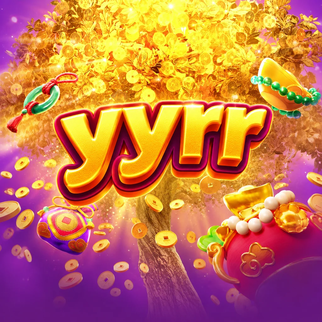 Pohon koin emas berkilau dengan ornamen keberuntungan di sekitar logo yyrr pada game Prosper Ftree